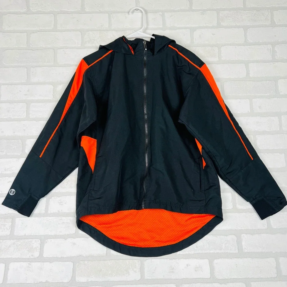 Holloway Kids Black and Orange Hooded Full Zip Windbreaker Athletic Jacket XL